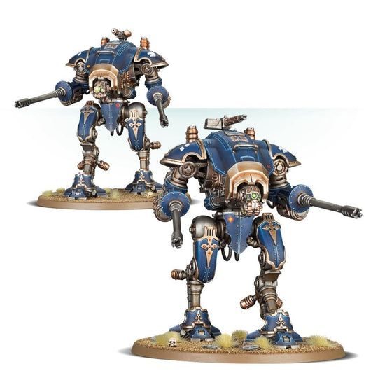 Armiger Helverin - widok z przodu granatowo-złoty długa lufa autocannon skierowana w lewo złoty symbol orła z rozpostartymi skrzydłami na piersi złote zdobienia na naramiennikach i udach złota maska twarzy z żółtym okiem Imperial Knights Warhammer 40000