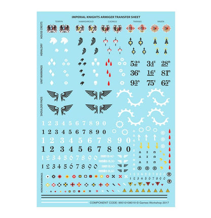 Imperial Knights Armiger Transfer Sheet - arkusz kalkomanii House Crests Terryn Hawkshroud Cadmus Taranis Raven Heraldry konie skrzydła krzyże Unit Markings cyfry 52Δ 34Σ 28Ω Shoulder Pads orły koła zębate cyfry 0-9 w 6 rozmiarach Honour Markings Games Workshop 2017 nr 99510108019 Warhammer 40000