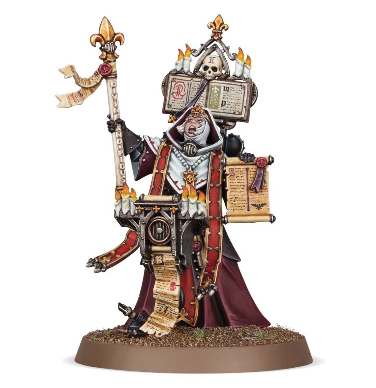 Dialogus Adepta Sororitas - widok z lewej czarna zbroja bordowy płaszcz Dialogus Staff złoty fleur-de-lis zwój pergaminu w prawej płonące świece otwarta księga na plecach brązowa podstawka Warhammer 40K