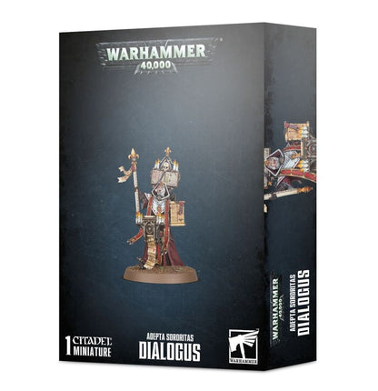 Dialogus - pudełko Warhammer 40000 Adepta Sororitas czarne 1 Citadel Miniature Dialogus z laską i lekturnem ciemnoniebieskie tło Games Workshop