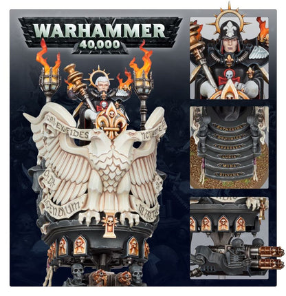 Junith Eruita Adepta Sororitas - plansza 4 ujęcia: twarz białe włosy złoty nimb fleur-de-lis; plecy zbroja inskrypcje Katherine Dominica Arabella Lucia Mina Silvana; pulpit czarny z orłem i czaszkami; heavy flamer miedziany ze szkieletem Warhammer 40K