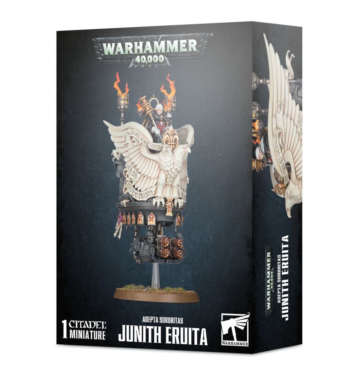 Junith Eruita - pudełko Warhammer 40000 Adepta Sororitas czarne 1 Citadel Miniature Junith na pulpicie z orłem i płonącymi pochodniami ciemnoniebieskie tło Games Workshop