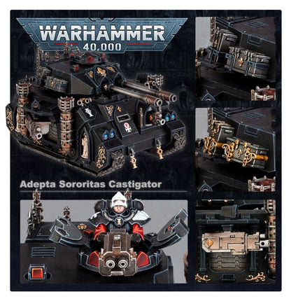 Castigator - plansza Warhammer 40000 widok z przodu z battle cannon i gunnerem zbliżenia detali górny panel wieżyczki z czerwonym klejnotem sponson z autocannon złote arabesk i tylny panel z brązowymi nitami Adepta Sororitas