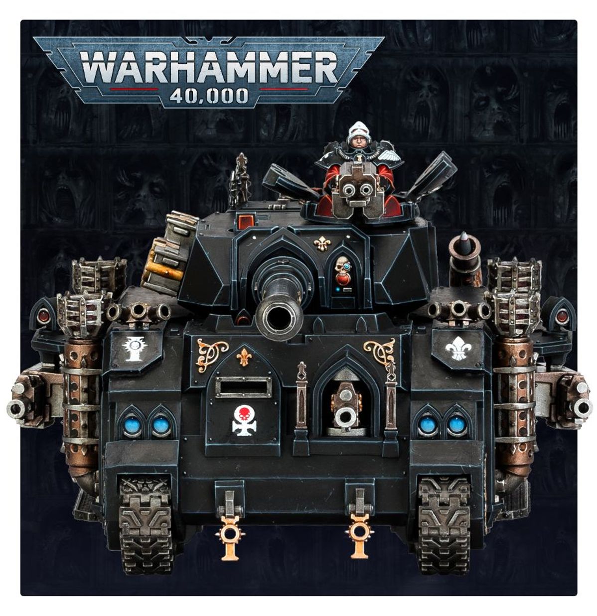 Castigator - widok z przodu czarny kadłub Castigator autocannons dwie lufy po bokach wieżyczki gunner z twin heavy bolter sponsony z autocannon złote fleur-de-lys turkusowe klejnoty i złote klucze Adepta Sororitas Warhammer 40K