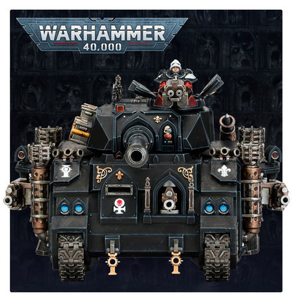 Castigator - widok z przodu czarny kadłub Castigator autocannons dwie lufy po bokach wieżyczki gunner z twin heavy bolter sponsony z autocannon złote fleur-de-lys turkusowe klejnoty i złote klucze Adepta Sororitas Warhammer 40K