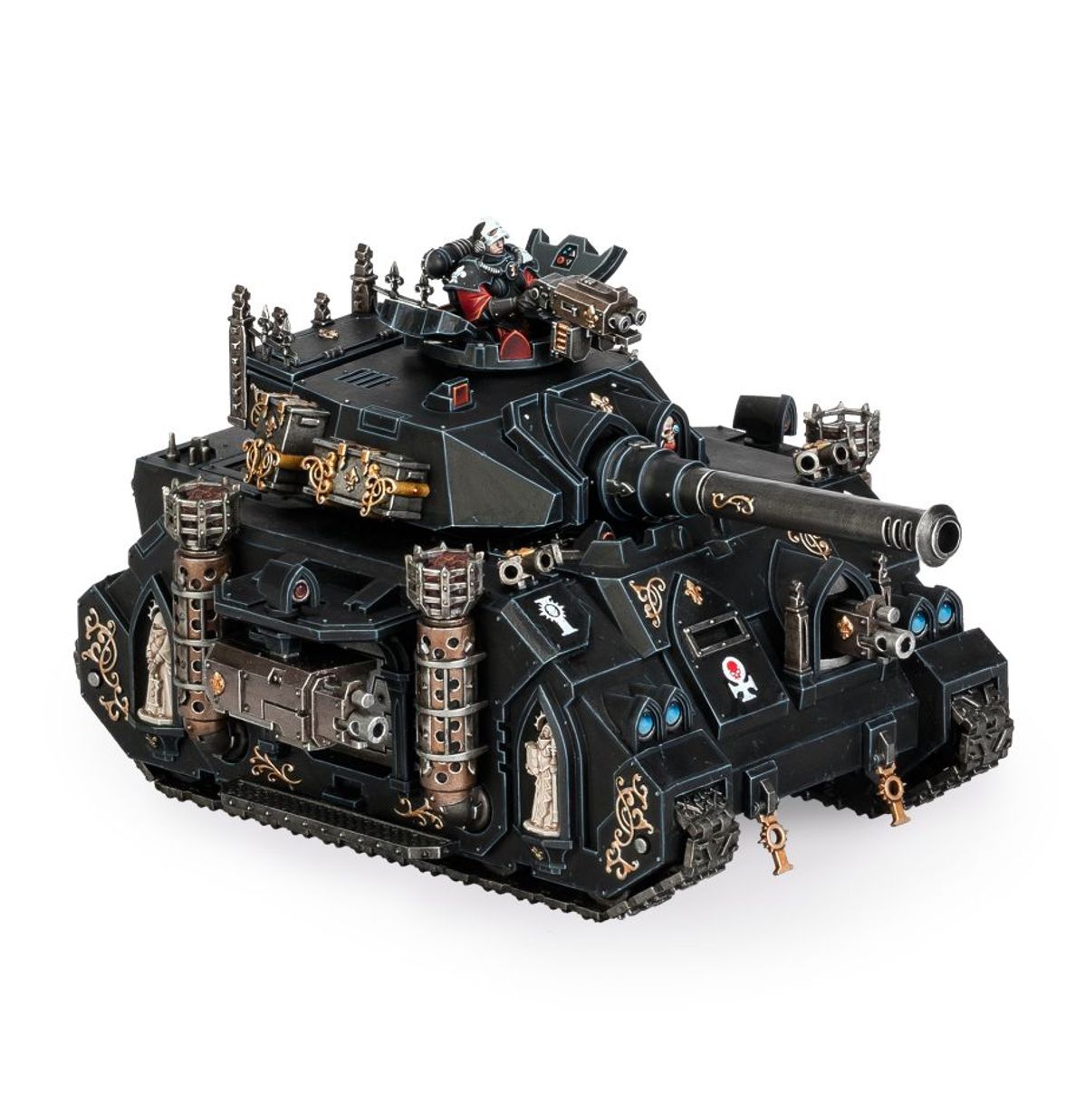 Castigator - widok z przodu czarny kadłub Castigator battle cannon gunner w białym hełmie z czerwoną peleryną złote zdobienia fleur-de-lys brązowe kolumny turkusowe klejnoty i symbol czaszki z krzyżem Adepta Sororitas Warhammer 40K