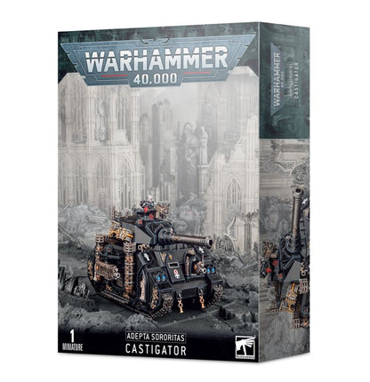 Castigator - pudełko Warhammer 40000 Adepta Sororitas szaro-turkusowe z ilustracją czarnego czołgu w ruinach katedry z gunnerem na górze 1 Miniature Games Workshop