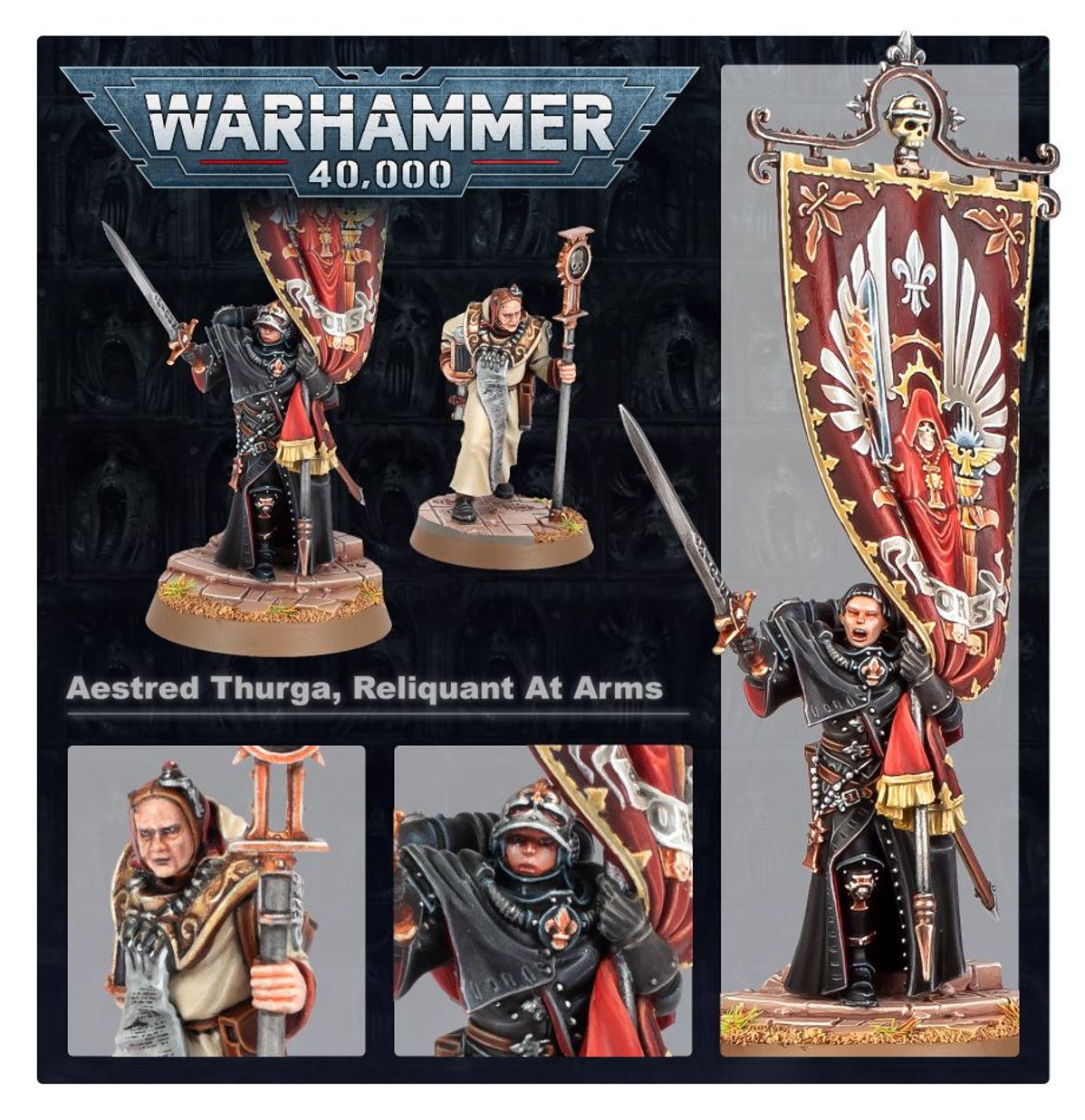 Aestred Thurga i Agathae Dolan Adepta Sororitas - plansza 5 ujęć: obie postacie razem; zbliżenie Agathae Dolan stara twarz kaptur; zbliżenie Aestred Thurga hełm z goglami; Aestred z pełnym sztandarem bordowym z fleur-de-lis Warhammer 40K