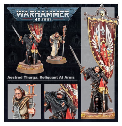 Aestred Thurga i Agathae Dolan Adepta Sororitas - plansza 5 ujęć: obie postacie razem; zbliżenie Agathae Dolan stara twarz kaptur; zbliżenie Aestred Thurga hełm z goglami; Aestred z pełnym sztandarem bordowym z fleur-de-lis Warhammer 40K