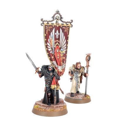  Aestred Thurga i Agathae Dolan - widok grupowy Aestred czarna zbroja bordowy sztandar miecz + Agathae kremowy habit laska z czaszką brązowe podstawki Warhammer 40K