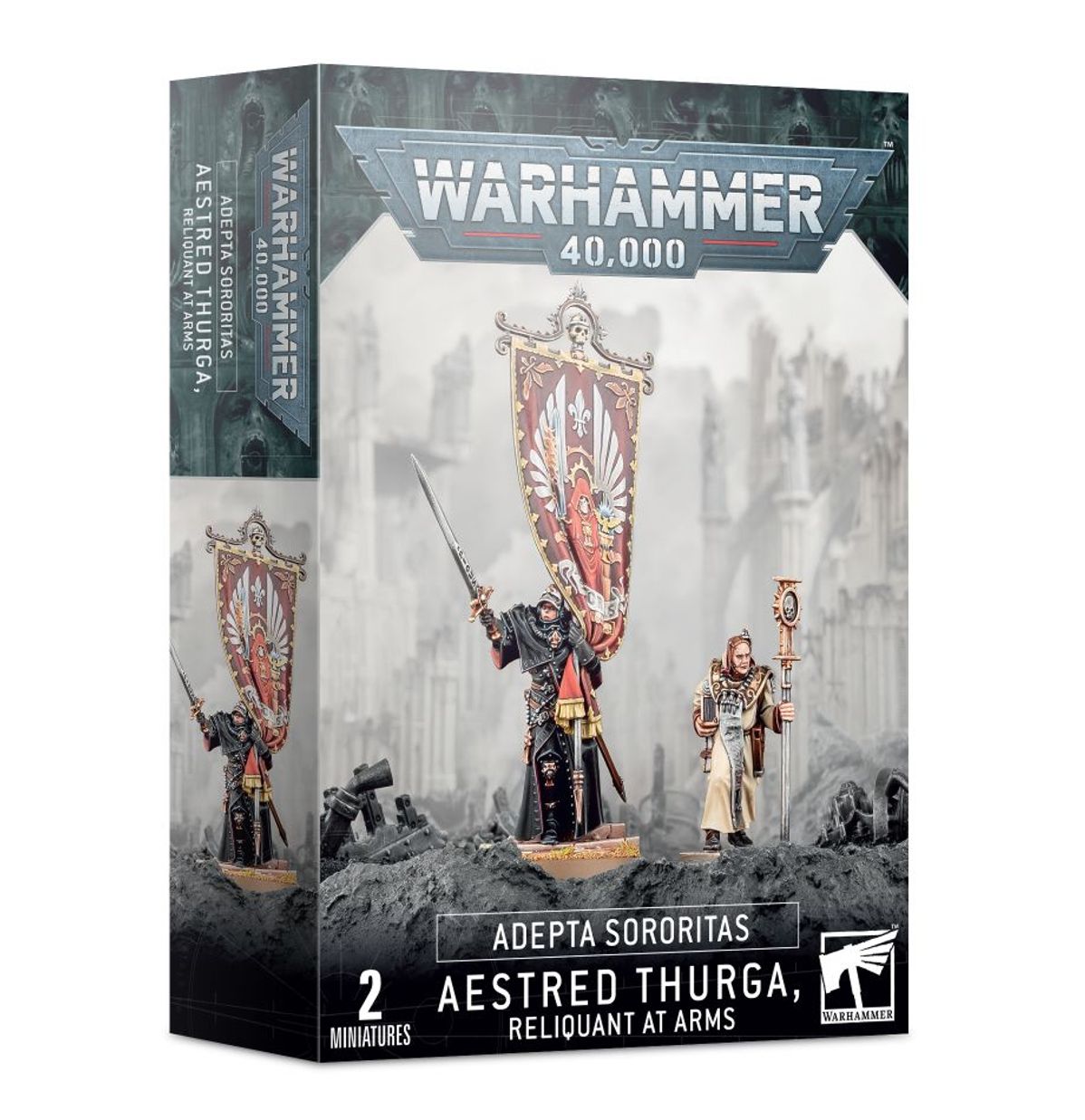 Aestred Thurga Reliquant at Arms - pudełko Warhammer 40000 Adepta Sororitas szaro-białe 2 Miniatures Aestred ze sztandarem i Agathae z laską szare ruiny tło Games Workshop