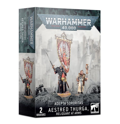 Aestred Thurga Reliquant at Arms - pudełko Warhammer 40000 Adepta Sororitas szaro-białe 2 Miniatures Aestred ze sztandarem i Agathae z laską szare ruiny tło Games Workshop