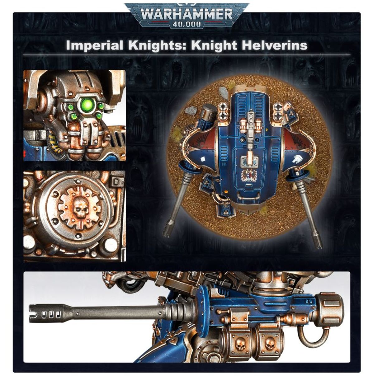 Armiger Helverin Imperial Knights - 5 kadrów 2 Armiger Helverins granatowo-złote z autocannon zbliżenie autocannon z brązową lufą z otworami chłodzącymi zbliżenie granatowego naramiennika z czarnym orłem z czerwonym klejnotem Questoris heavy stubber z brązową lufą zbliżenie naramiennika z białym koniem Warhammer 40000