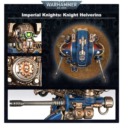 Armiger Helverin Imperial Knights - 5 kadrów 2 Armiger Helverins granatowo-złote z autocannon zbliżenie autocannon z brązową lufą z otworami chłodzącymi zbliżenie granatowego naramiennika z czarnym orłem z czerwonym klejnotem Questoris heavy stubber z brązową lufą zbliżenie naramiennika z białym koniem Warhammer 40000