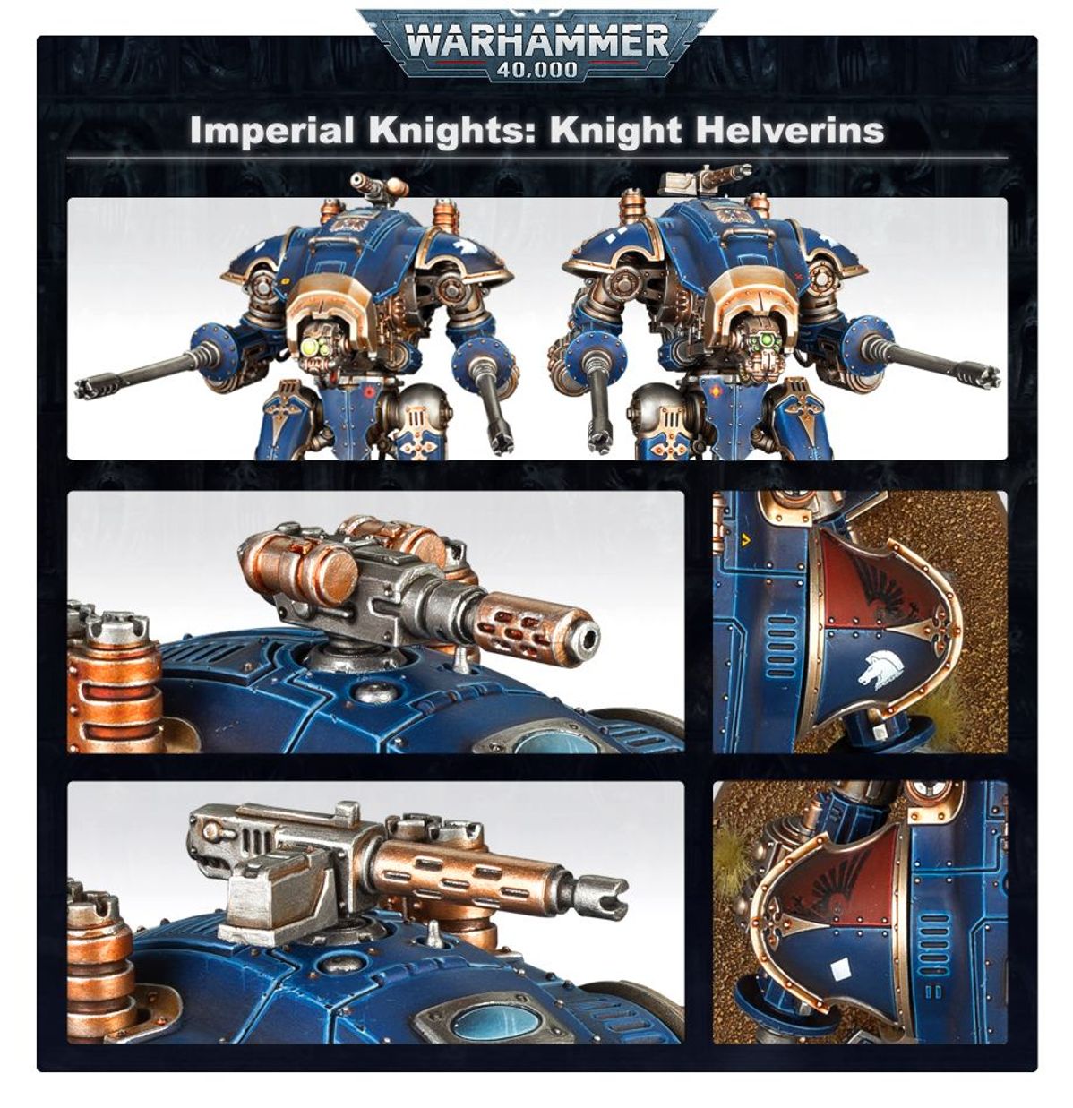 Armiger Helverin Imperial Knights - 5 kadrów 2 Armiger Helverins granatowo-złote z autocannon zbliżenie autocannon z brązową lufą z otworami chłodzącymi zbliżenie granatowego naramiennika z czarnym orłem z czerwonym klejnotem Questoris heavy stubber z brązową lufą zbliżenie naramiennika z białym koniem Warhammer 40000