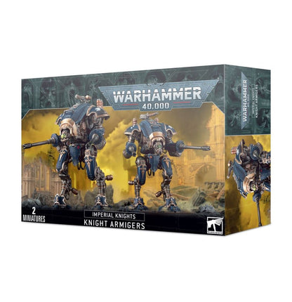Armiger Helverins - pudełko Warhammer 40000 Imperial Knights Knight Armigers ciemnoszaro-zielone ilustracja 2 granatowo-złotych Armiger Helverins z autocannon na żółtym polu bitwy z ruinami 2 Miniatures Games Workshop