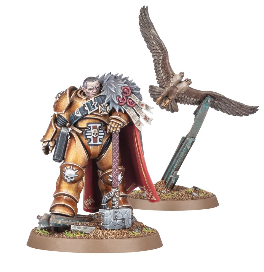 Inquisitor Coteaz - złoty pancerz młot Nemesis czerwona peleryna i Glovodański Psyber-orzeł na tyczce Imperial Agents Warhammer 40000