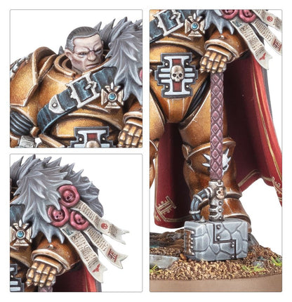 Inquisitor Coteaz - zbliżenia twarz z monokularem naramiennik z symbolem Inkwizycji i czaszką oraz młot Nemesis Imperial Agents