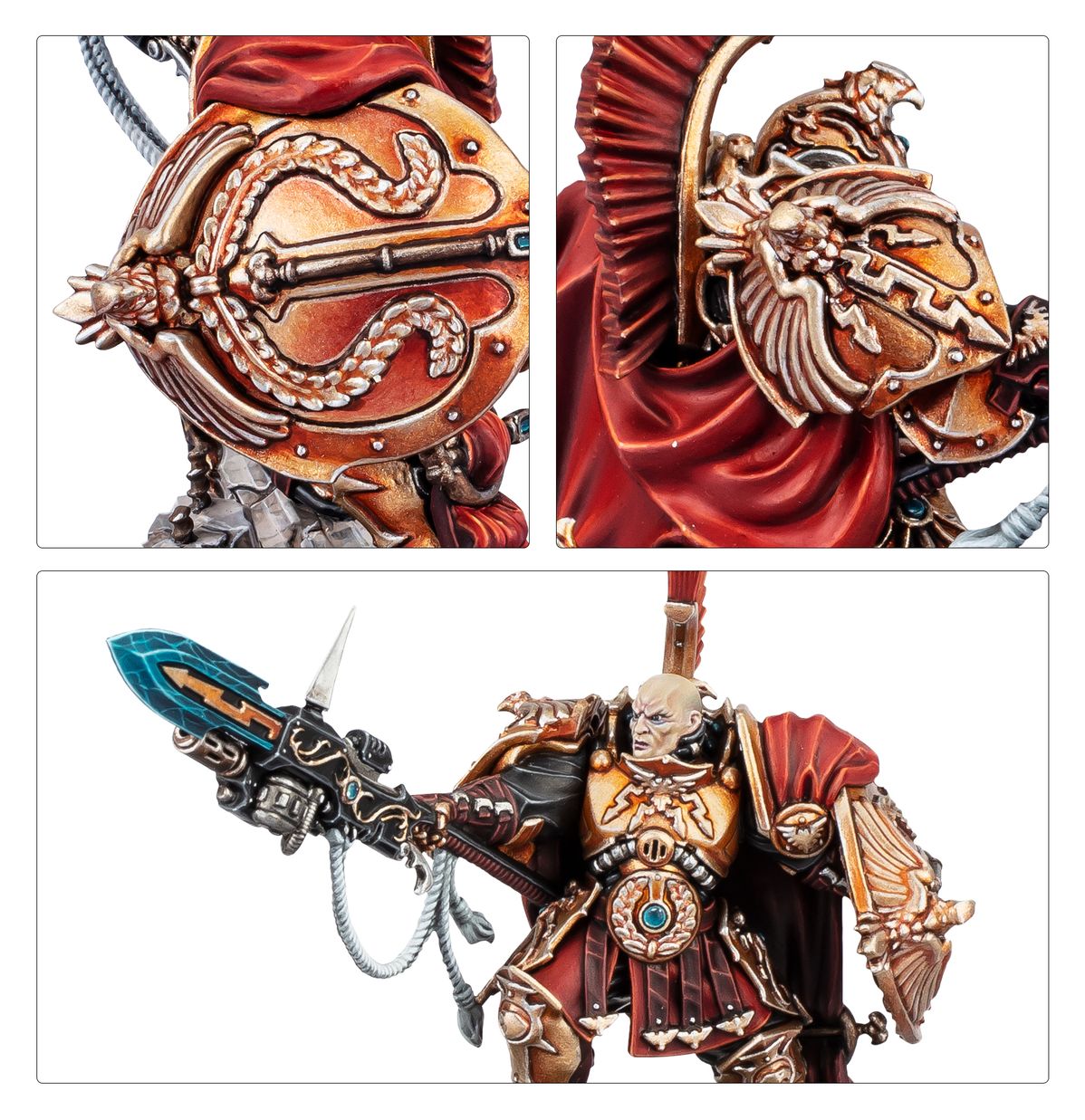 Shield-Captain Adeptus Custodes - plansza 3 zbliżenia: złota tarcza piersiowa z wężem i wieńcem laurowym; Praesidium Shield złoto-miedziany z orłem i czerwonym płaszczem; łysa głowa z zielonymi oczami złoty hełm z czerwonym pióropuszem Pyrithite Spear turkusowy Warhammer 40K