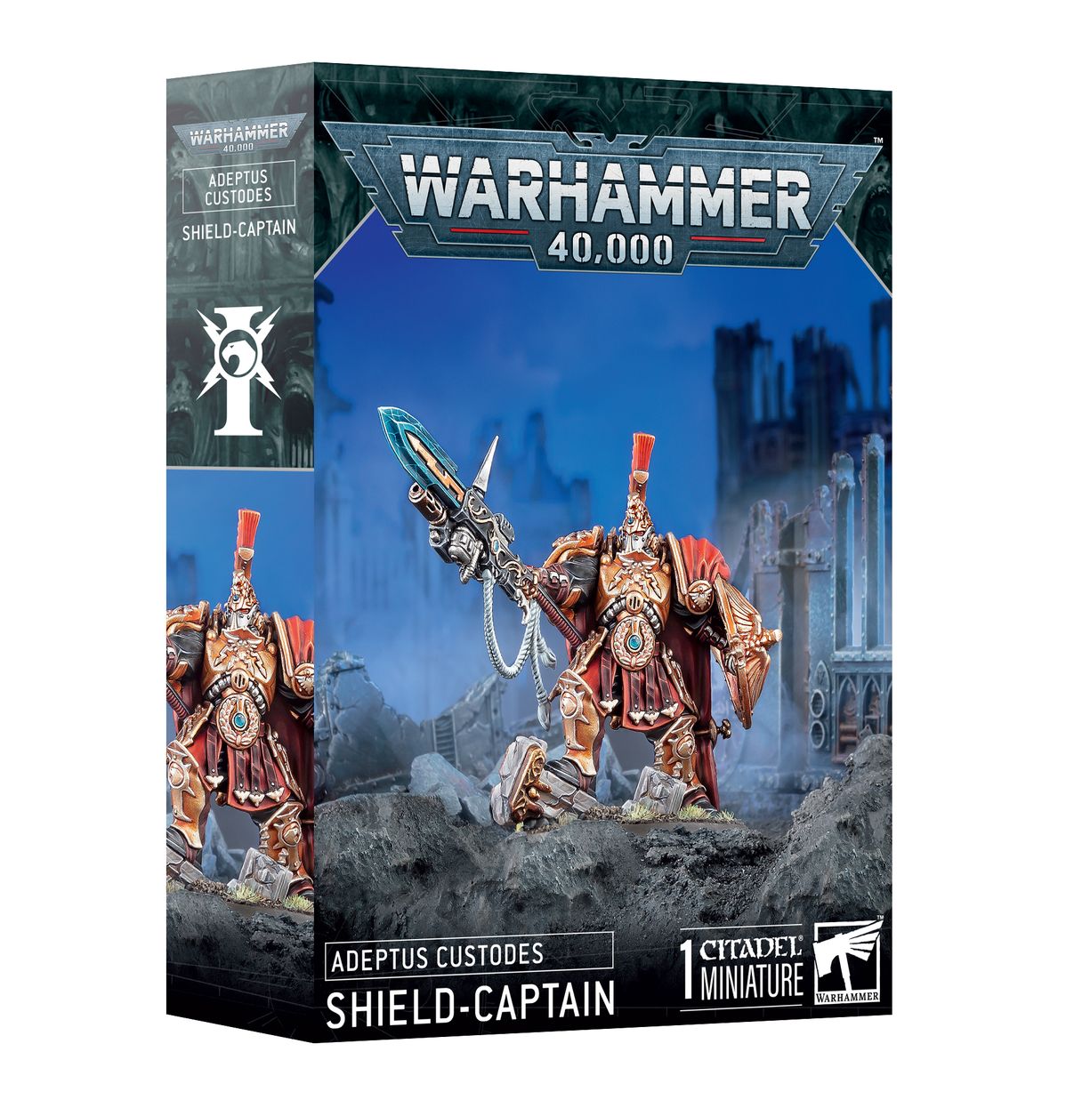 Shield-Captain Adeptus Custodes - pudełko Warhammer 40000 Adeptus Custodes niebiesko-złote 1 Citadel Miniature Shield-Captain z Pyrithite Spear i Praesidium Shield szare ruiny tło Games Workshop