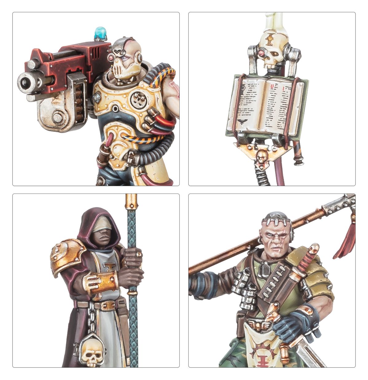 Combat Patrol Imperial Agents - zbliżenia kremowy Agent z shotgunem Tome-skull z księgą na statywie Agent w kapturze z włócznią i łysy Agent z włócznią na ramieniu