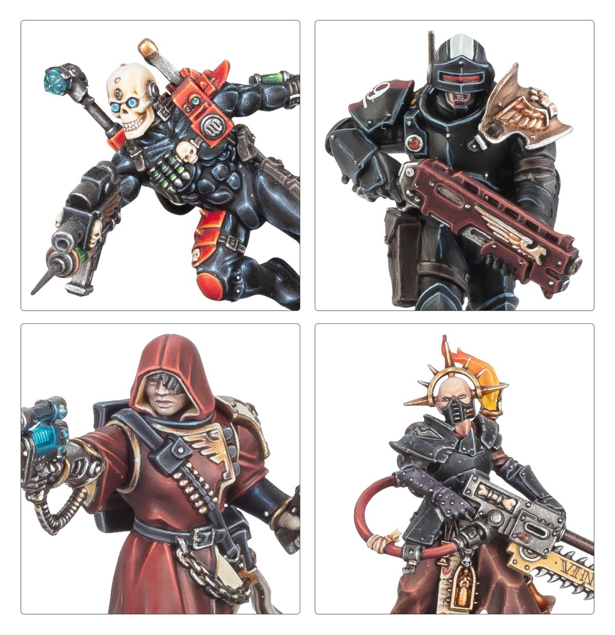 Combat Patrol Imperial Agents - zbliżenia Eversor Assassin czaszka Adeptus Arbites z shotgunem Agent kobieta w czerwonym kapturze i Ministorum Priest z Vindictor i piłą