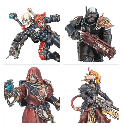 Combat Patrol Imperial Agents - zbliżenia Eversor Assassin czaszka Adeptus Arbites z shotgunem Agent kobieta w czerwonym kapturze i Ministorum Priest z Vindictor i piłą