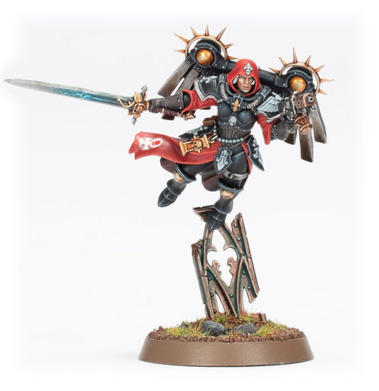 Canoness with Jump Pack - czarny pancerz miecz z niebieską energią czerwony kaptur plecak z kolcami i złotymi kulami Adepta Sororitas Warhammer 40000