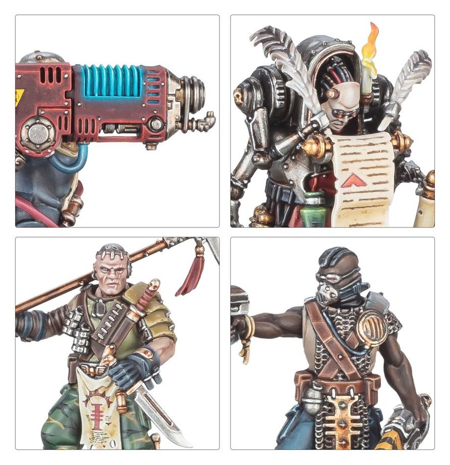 Kill Team Inquisitorial Agents - zbliżenia Gun Servitor z działkiem Autosavant ze świecą i pistoletem nogi z peleryną i pistolet boltowy