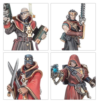Kill Team Inquisitorial Agents - zbliżenia pistolet plazmowy Gun Servitora Autosavant z pergaminem Weteran z kosą i Legionista z maską