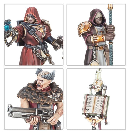 Kill Team Inquisitorial Agents - zbliżenia Interrogator z księgą Questkeeper z piłą łańcuchową Mystica z mieczem i Hexorcista z pistoletem