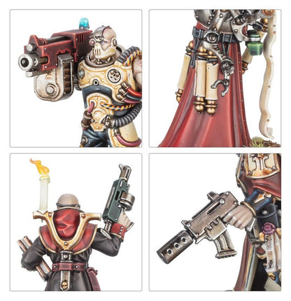 Kill Team Inquisitorial Agents - zbliżenia Hexorcista z łańcuchem Enlightener z tyczką Pistolier z shotgunem i Tome-skull z księgą