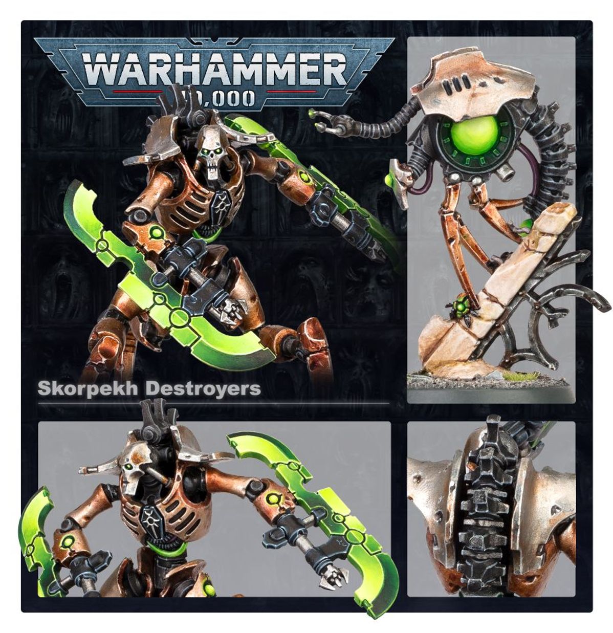 Skorpekh Destroyers Necrons - kolaż detali modeli i Plasmacyte - Warhammer 40,000