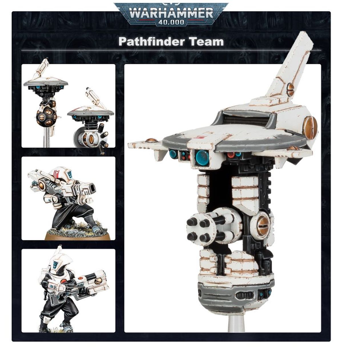 Pathfinder Team T'au - plansza 3 kadry i Recon Drone: zbliżenie 2 dronów szare; Pathfinder z ion rifle; Pathfinder z pulse carbine; Recon Drone biały z turkusowymi sensorami Warhammer 40000