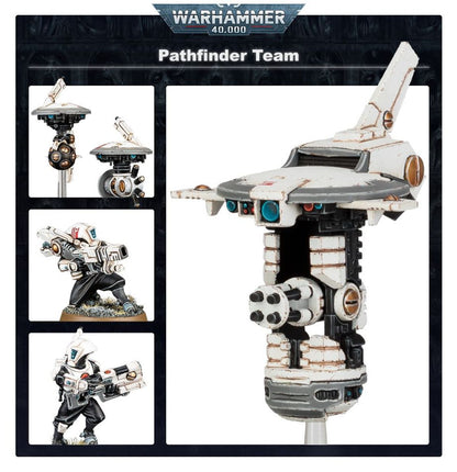 Pathfinder Team T'au - plansza 3 kadry i Recon Drone: zbliżenie 2 dronów szare; Pathfinder z ion rifle; Pathfinder z pulse carbine; Recon Drone biały z turkusowymi sensorami Warhammer 40000