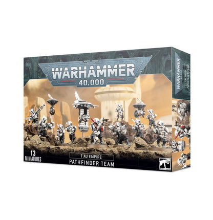 Pathfinder Team - pudełko Warhammer 40000 T'au Empire szaro-beżowe 13 Miniatures ilustracja Pathfinderzy z dronami na pustyni Games Workshop