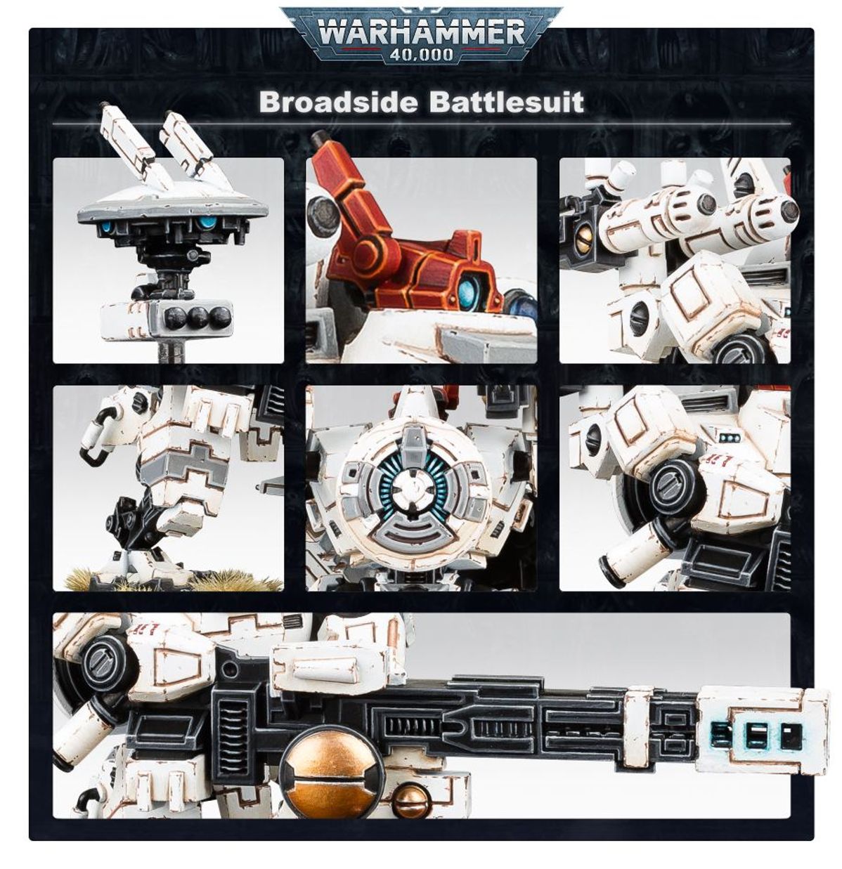 XV88 Broadside Battlesuit - plansza 7 kadrów Shield Drone rail rifle missile pod particle accelerator smart missile T'au Warhammer 40000