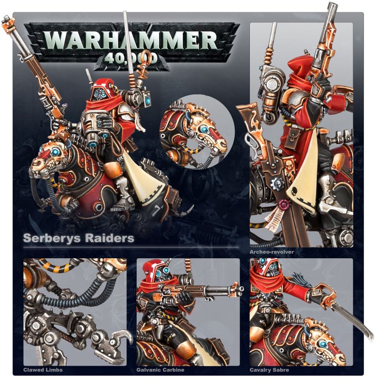 Serberys Raiders Adeptus Mechanicus - plansza Warhammer 40000 z 5 kadrami: główny widok Raider z galvanic carbine i mechanicznym quadrupedem z turkusowym okiem; zbliżenie głowy mechanicznego wierzchowca brązowo-złota z turkusowym okiem i żółto-czarnymi kablami; zbliżenie archeo-revolver brązowy z czarną lufą i złotymi detalami; zbliżenie clawed limbs srebrne szpony z żółto-czarnymi kablami; zbliżenie galvanic carbine brązowy z czarną lufą; zbliżenie cavalry sabre srebrny z brązową rękojeścią Warhammer 40000