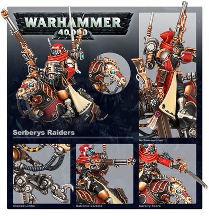Serberys Raiders Adeptus Mechanicus - plansza Warhammer 40000 z 5 kadrami: główny widok Raider z galvanic carbine i mechanicznym quadrupedem z turkusowym okiem; zbliżenie głowy mechanicznego wierzchowca brązowo-złota z turkusowym okiem i żółto-czarnymi kablami; zbliżenie archeo-revolver brązowy z czarną lufą i złotymi detalami; zbliżenie clawed limbs srebrne szpony z żółto-czarnymi kablami; zbliżenie galvanic carbine brązowy z czarną lufą; zbliżenie cavalry sabre srebrny z brązową rękojeścią Warhammer 40000