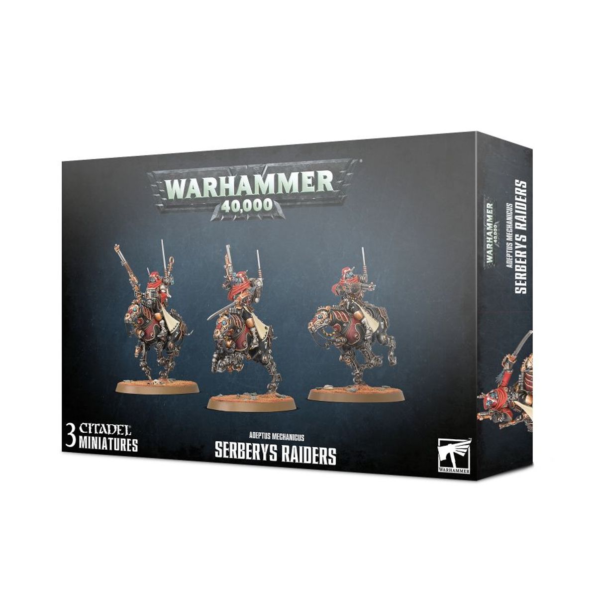 Serberys Raiders - pudełko Warhammer 40000 Adeptus Mechanicus Serberys Raiders czarne z ilustracją 3 Raiderów na mechanicznych quadrupedach czerwone chusty czarno-bordowe zbroje galvanic carbine i cavalry sabre 3 Citadel Miniatures boczna ścianka z Raiderem na mechanicznym wierzchowcu Games Workshop