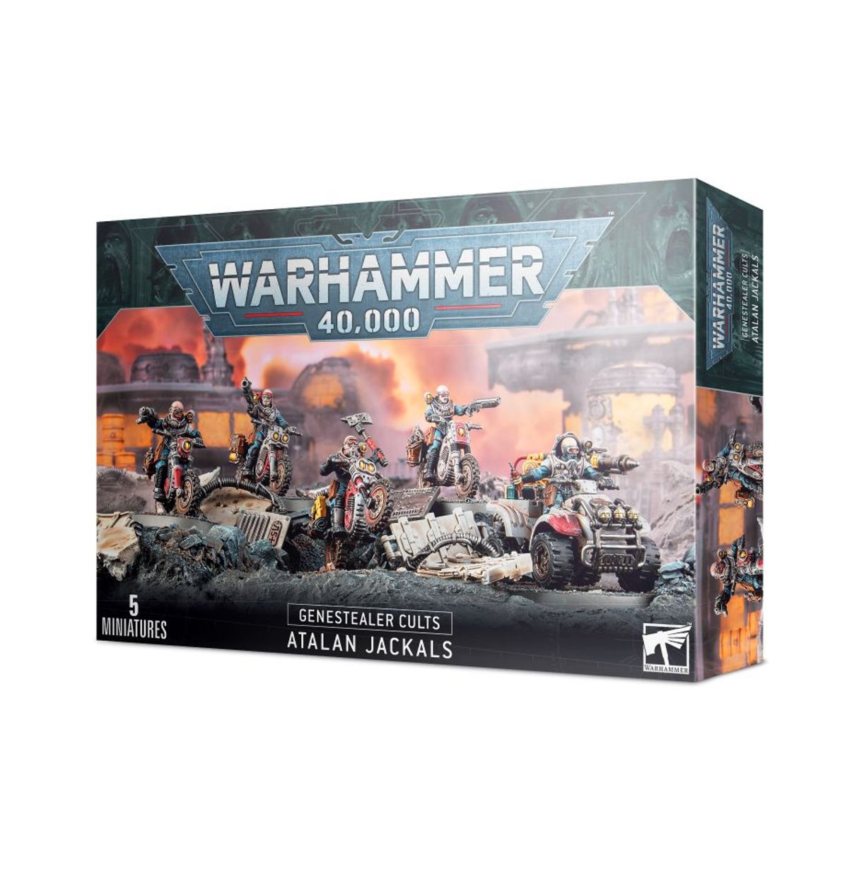 Atalan Jackals - pudełko Warhammer 40000 Genestealer Cults Atalan Jackals szaro-zielone z ilustracją 5 Jackals na dirtcycle i Wolfquad na płonącym polu bitwy z ruinami 5 Miniatures boczna ścianka z Jackalem na dirtcycle Games Workshop