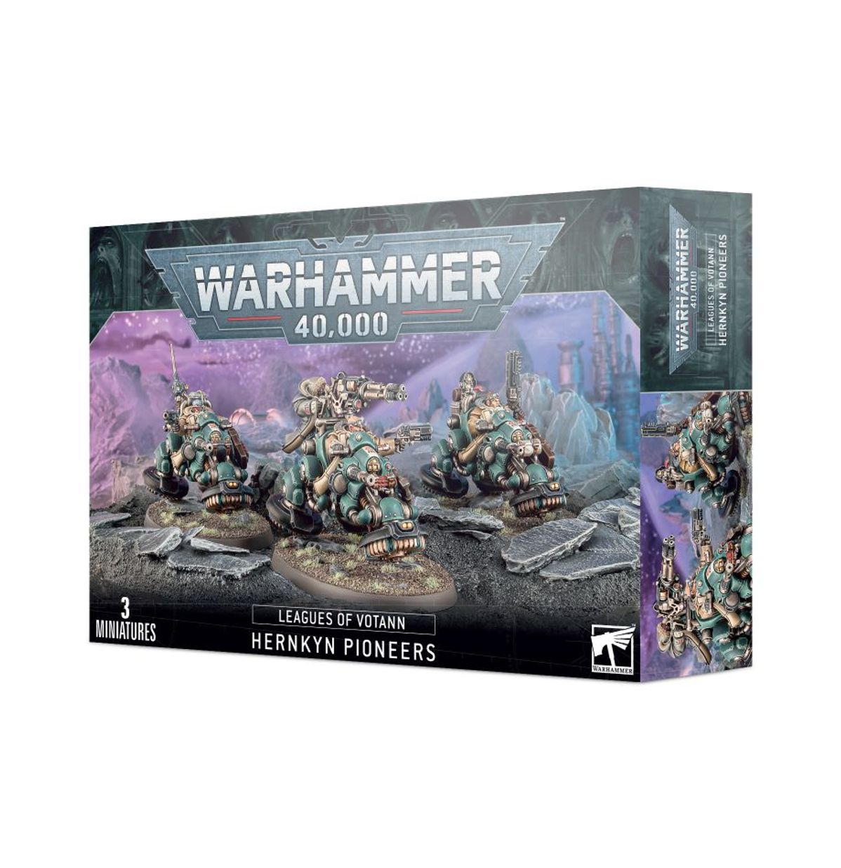 Hernkyn Pioneers - pudełko Warhammer 40000 Leagues of Votann szaro-zielone ilustracja 3 Hernkyn Pioneers na turkusowych hovering trikach na fioletowym obcym terenie z kryształami środkowy z tylnym strzelcem i HYLas rotary cannon 3 Miniatures Games Workshop