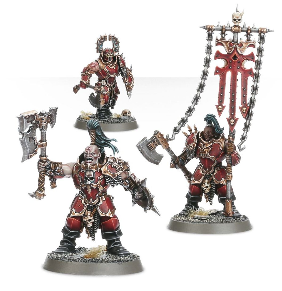 Blood Warriors specjaliści - Chaos Champion z zielonymi włosami i toporem, chorąży z chorągwią Khorne z czaszką, Blood Warrior z kolczastym hełmem i tarczą - Warhammer Age of Sigmar