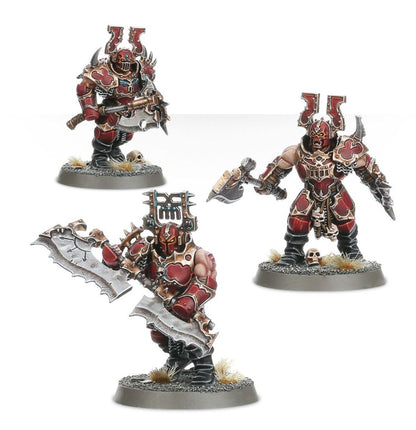 Blood Warriors warianty - 3 modele: Blood Warrior z toporem i tarczą, Blood Warrior z Goreglaive w ataku, Blood Warrior z podwójnym Goreaxe i hełmem z rogami - Warhammer Age of Sigmar