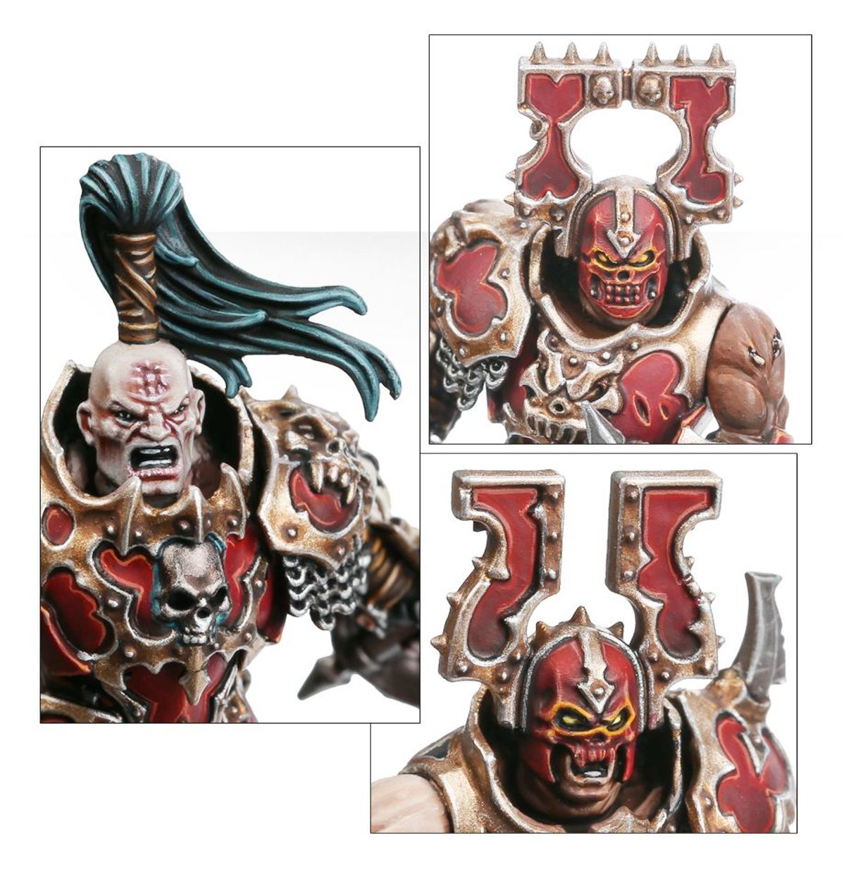 Blood Warriors detale głów - kolaż 3 ujęć: łysa głowa Chaos Championa z bliznami i zielonymi włosami, hełm z symbolem Khorne i żółtymi oczami, hełm z otwartą paszczą i symbolem Khorne - Warhammer Age of Sigmar