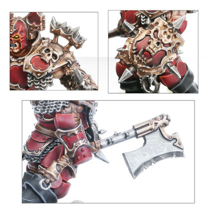 Blood Warriors detale zbroi - kolaż 3 ujęć: naramiennik z czaszką i kolcami, Gorefist z czaszką i kolcami, Goreaxe trzymany w dłoni w czerwono-złotej zbroi - Warhammer Age of Sigmar