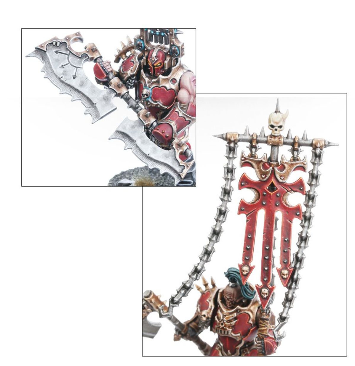 Blood Warriors detale broni - kolaż 2 ujęć: Blood Warrior z Goreglaive w dynamicznej pozie, chorągiew Icon Bearera z symbolem Khorne i czaszką na szczycie z łańcuchami - Warhammer Age of Sigmar