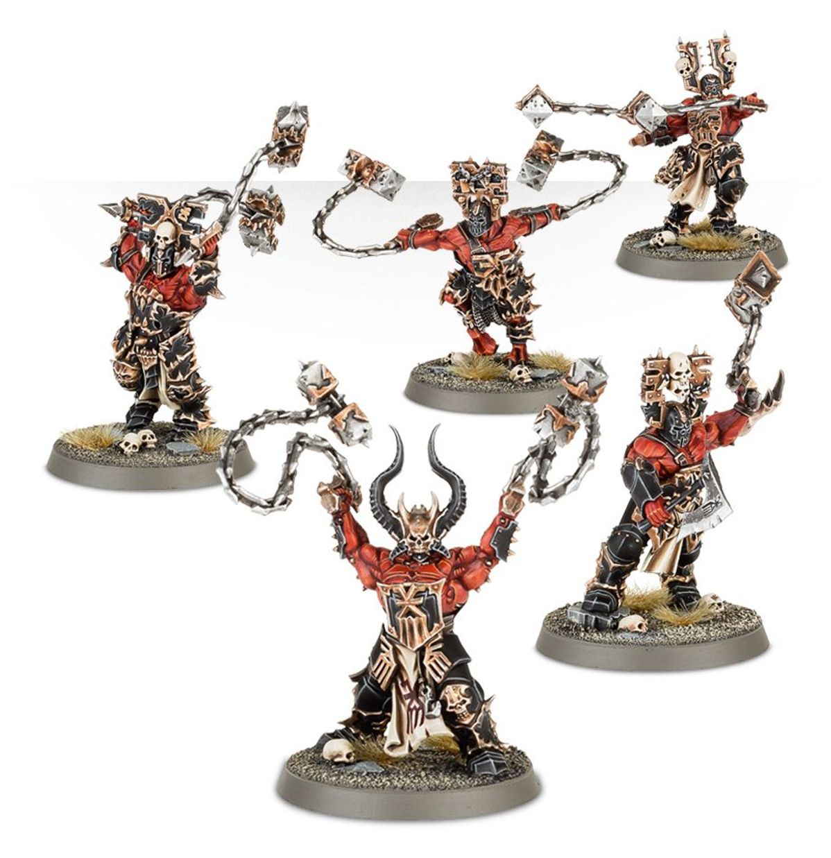 Wrathmongers - 5 modeli Khorne w czerwono-czarnej zbroi z kościanymi detalami, champion z rogami unoszący wrath-flails z łańcuchami i diamentowymi głowicami, czaszki na podstawkach - Warhammer Age of Sigmar