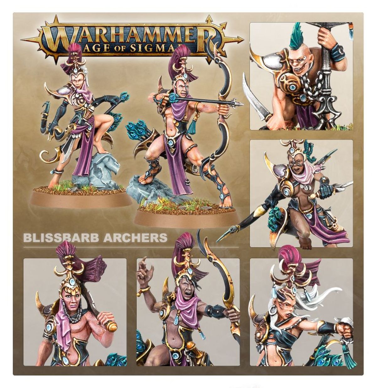 Blissbarb Archers - kolaż 7 ujęć: High Tempter z trójzębem i Archer z łukiem na pierwszym planie, Blissbrew Homonculus z nożem, Archer ciemnoskóra z szponami, Archer z berłem, Archer z łukiem i otwartymi ustami, Archer w czarnej zbroi z szponami - Warhammer Age of Sigmar