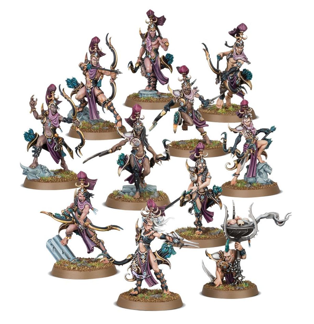 Blissbarb Archers - 10 modeli Hedonites of Slaanesh z łukami i szponami w fioletowych szatach plus Blissbrew Homonculus z kotłem czaszek - Warhammer Age of Sigmar